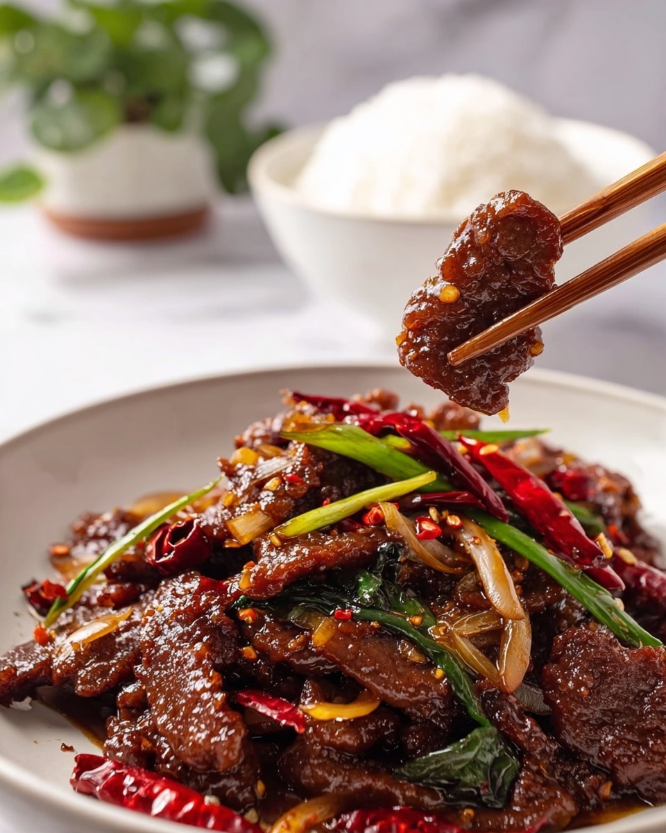 The image shows a pile of dark brown, shiny cooked meat strips mixed with green spring onions and bright red dried chili peppers on a white plate. The meat looks tender and glossy with pieces of light brown onion mixed in. A pair of wooden chopsticks holds one piece of meat above the plate, showing its textured surface and thick sauce. In the background, there is a white bowl with white rice and a blurred green plant on a white marbled surface. The colors are rich and the dish looks spicy and flavorful photo taken with an iphone --ar 4:5 --v 7