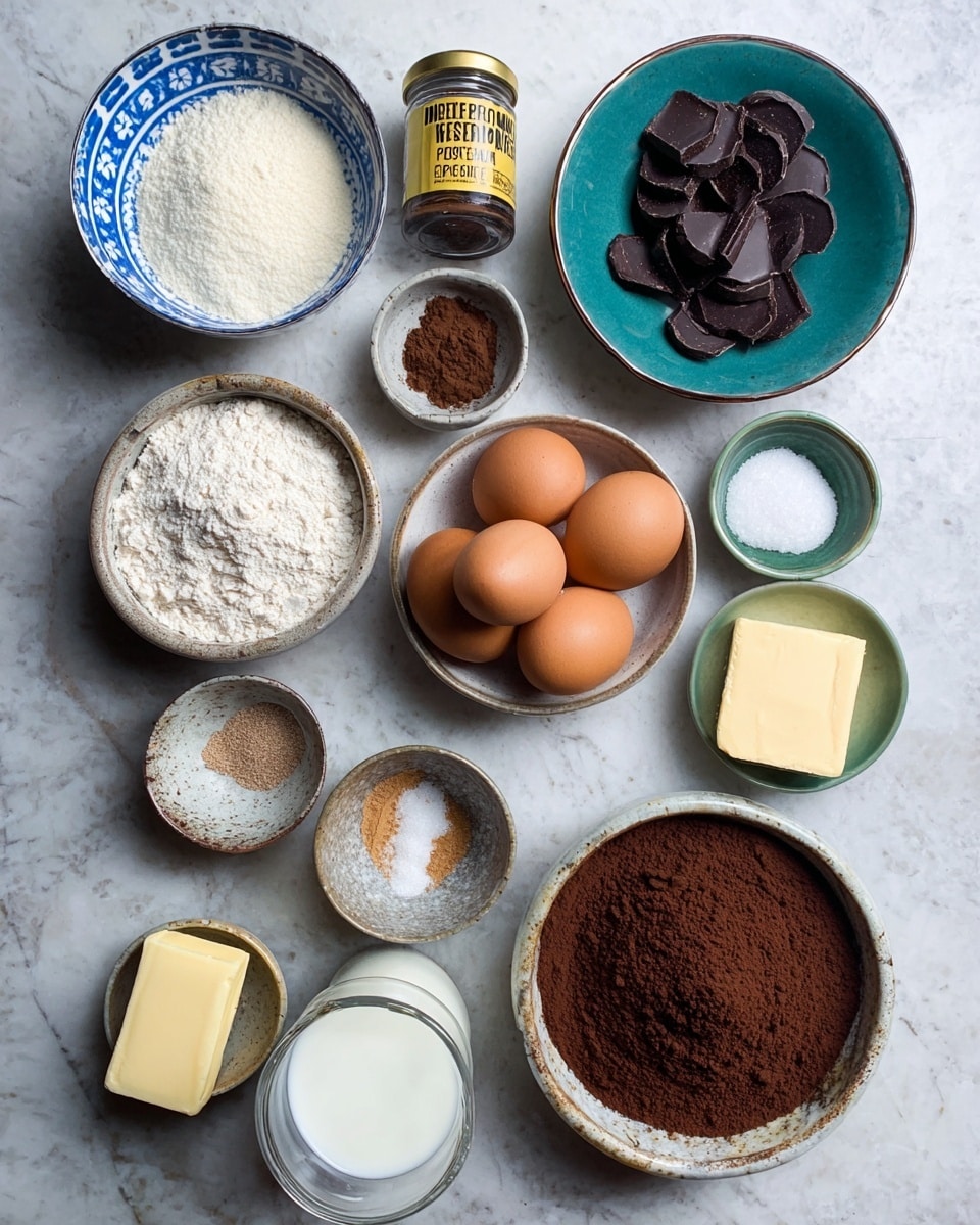 The image shows a top view of various baking ingredients arranged neatly on a white marbled surface. There are eleven containers, each holding a different ingredient: a blue and green bowl with dark oval chocolate pieces at the top right; a small jar of instant espresso powder on the top left; a white bowl with cream near the top left; a white bowl of flour with a blue and yellow pattern near the top right; a brown bowl with five brown eggs in the center; a speckled bowl with both white and brown sugar on the bottom left; a small green bowl with salt near the middle right; a small green bowl with vanilla extract slightly below the salt; a stick of butter near the bottom right; a small glass of milk in front of the butter; and a white bowl filled with cocoa powder at the bottom center. Photo taken with an iphone --ar 4:5 --v 7