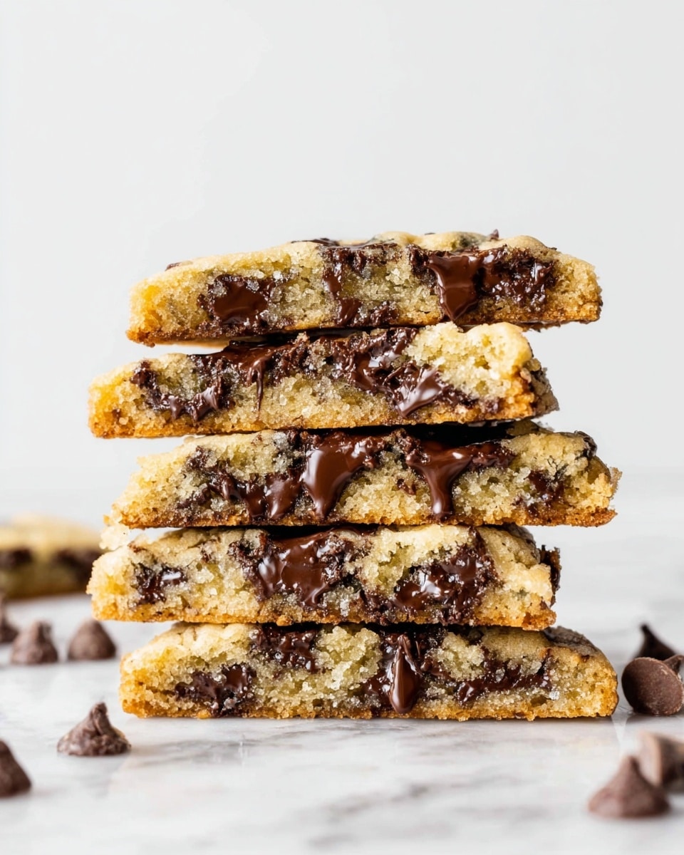 A stack of five thick chocolate chip cookie slices is shown on a white marbled surface. Each cookie slice layer has a golden-brown, slightly crispy edge and a soft, light tan inside filled with melted dark chocolate chips that appear gooey and shiny. The cookie layers are unevenly stacked, showing their soft texture and chocolate chips melting across each layer. Around the stack are a few loose chocolate chips scattered casually on the surface. The background is plain white, drawing focus to the cookies. photo taken with an iphone --ar 4:5 --v 7