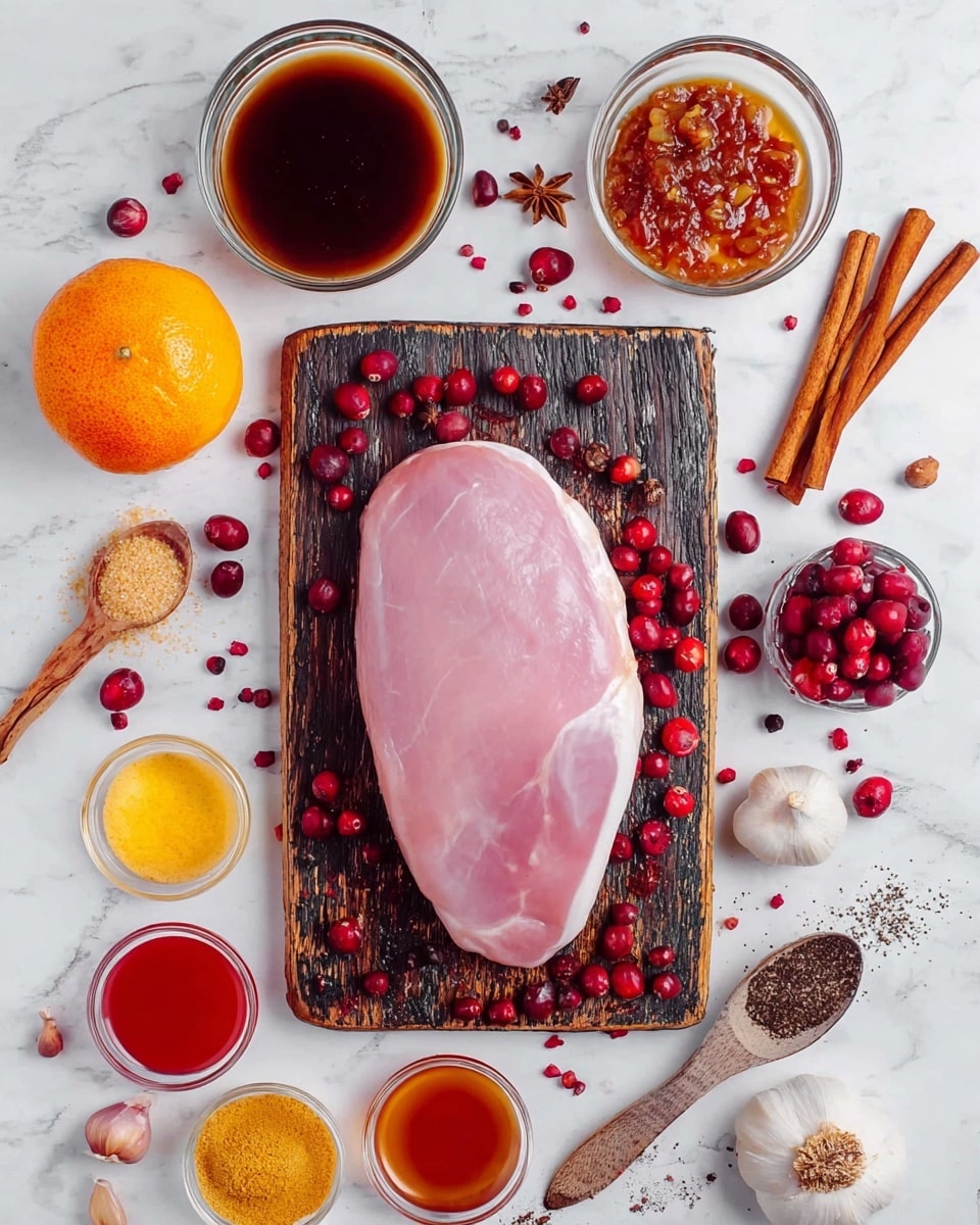 A raw piece of pale pink meat is centered on a dark wooden cutting board with a distressed texture, surrounded by red berries scattered around it. Above the meat, there are two small glass bowls, one filled with a dark brown liquid and the other with a reddish sauce with visible bits. To the left of the board is a halved bright orange fruit and a small glass bowl filled with golden brown sugar. Below the board, three more small glass bowls hold red sauce, a clear liquid, and orange zest. Around these, there are cinnamon sticks, a head of garlic, scattered red berries, a few whole spices, and a wooden spoon with black and white powder. Everything is placed on a white marbled surface photo taken with an iphone --ar 4:5 --v 7