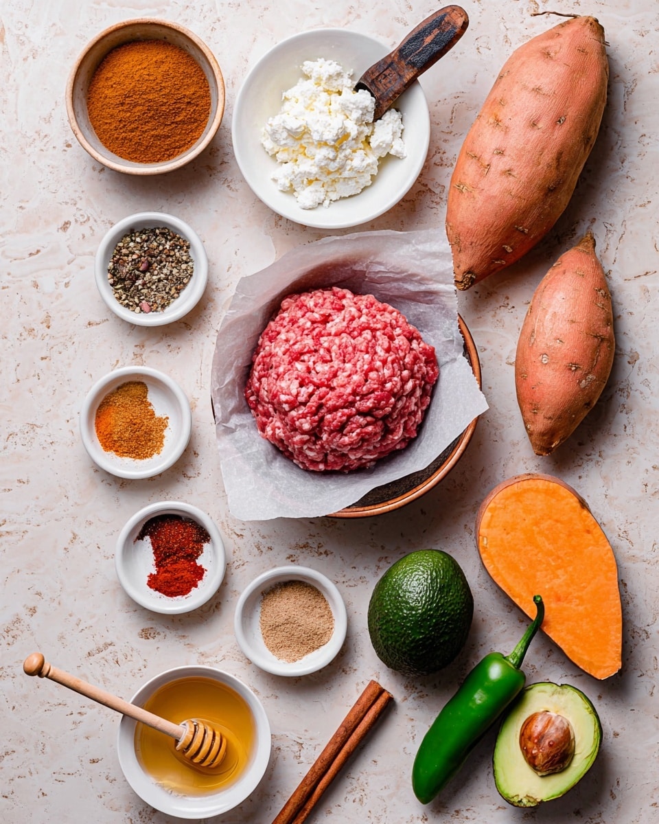 The image shows a flat lay of various ingredients on a white marbled surface. There are two orange sweet potatoes on the top right, next to a white bowl with cottage cheese and a wooden-handled measuring cup. In the center, there is a round bowl lined with parchment paper filled with raw ground meat, rich pink in color. Around these main items are small white bowls with red, brown, orange, and beige spices, a green jalapeño pepper, a dark green avocado, and a small bowl of honey with a wooden dipper. The colors range from earthy browns and greens to bright reds and yellows, all arranged neatly in a balanced composition. Photo taken with an iphone --ar 4:5 --v 7