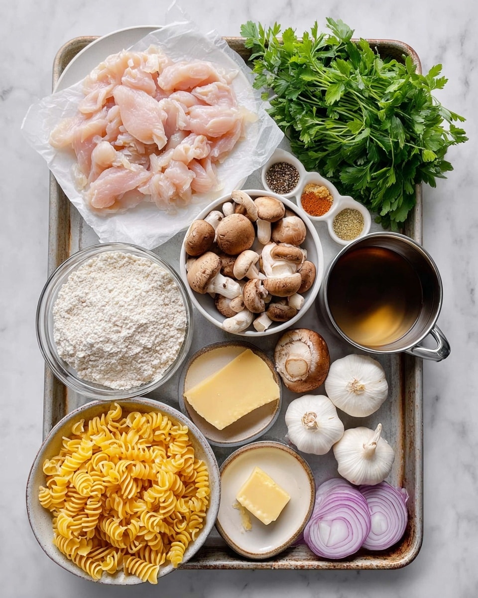 This image shows a metal tray filled with cooking ingredients arranged neatly on a white marbled surface. In the top left, there is a white plate with layers of pale pink raw chicken strips placed on white parchment paper. Below it, a white bowl filled with brown mushrooms sits next to a small dish containing colorful spices divided into four sections. To the right, a big bunch of bright green parsley rests on uncooked yellow spiral pasta. Near the center, a clear glass bowl holds a mound of white flour, sitting next to a glass measuring cup with a dark brown liquid. Below these are more light brown mushrooms, a small pot of clear light golden broth, and two bulbs—white garlic and purple shallot. A white bowl with thin rings of pale purple sliced onions and a wedge of hard pale yellow cheese complete the layout. photo taken with an iphone --ar 4:5 --v 7