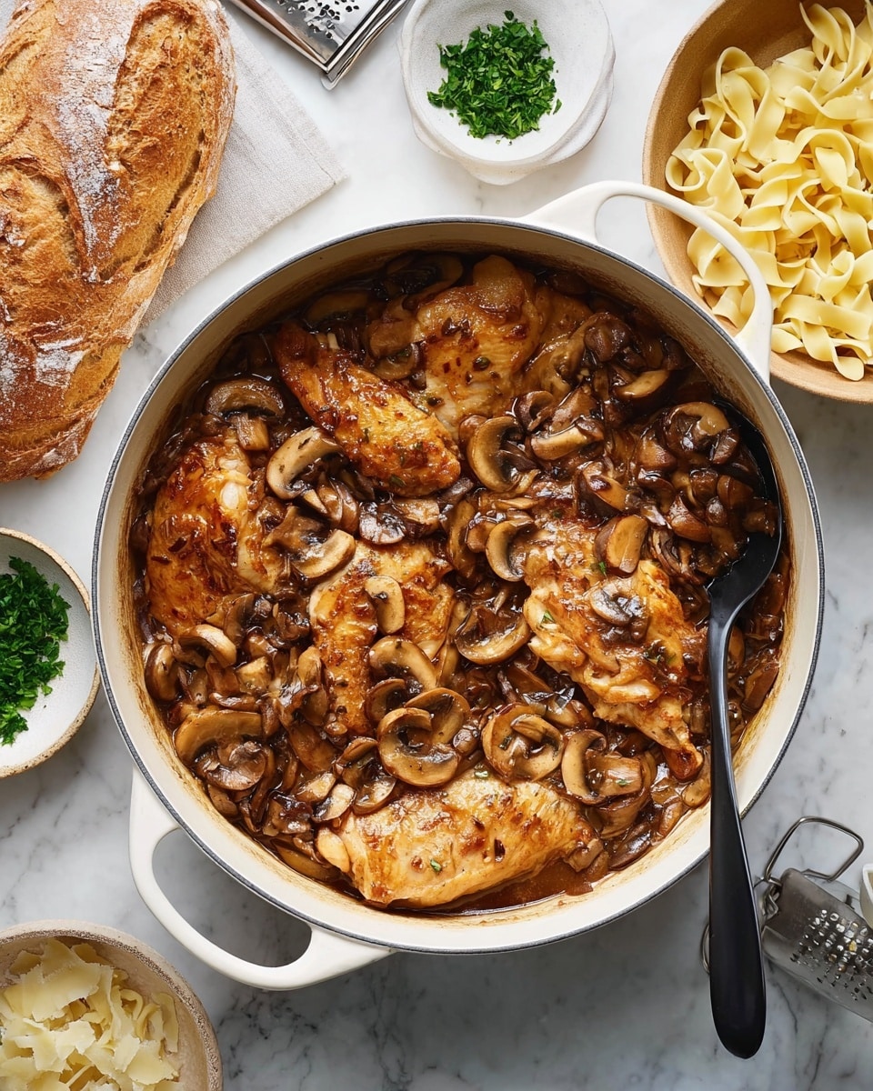 A white pot filled with a rich brown sauce layered with cooked slices of mushrooms on top and underneath golden-brown chicken pieces, all covered with the sauce, creating a glossy texture. A black spoon rests inside the pot. Around the pot on a white marbled surface sits a rustic loaf of bread with a crusty golden top, a bowl of light yellow cooked egg noodles, and a small white bowl holding finely chopped green herbs. A metal grater lies nearby with some grated cheese on the surface photo taken with an iphone --ar 4:5 --v 7