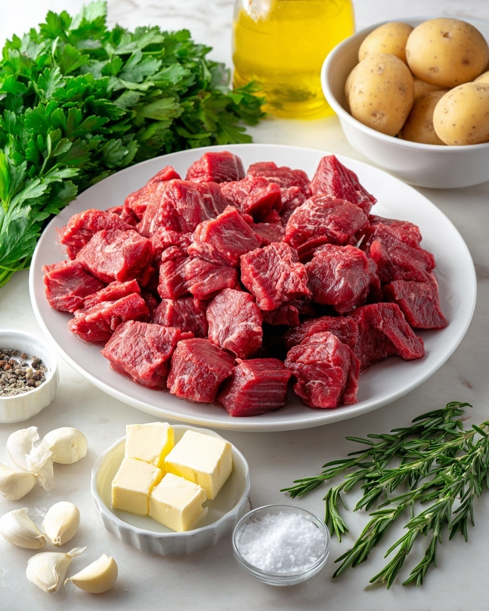 A white plate filled with many pieces of raw red beef chunks sits in the center, showing a textured and moist surface. Behind it, a white bowl containing several light brown potatoes with smooth skins is seen on the right side. To the left, fresh green parsley leaves spread out, calm, and bright. In front of the parsley, a white small dish holds several blocks of pale yellow butter. Nearby, a white small bowl contains salt and black pepper. At the bottom left, there are several peeled white garlic cloves scattered. On the right edge of the image, a glass bottle with yellow cooking oil stands upright. Fresh green rosemary and basil sprigs lie at the bottom right. All items are placed on a white marbled tabletop. Photo taken with an iphone --ar 4:5 --v 7