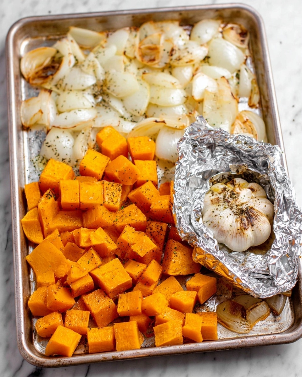 The image shows a metal baking tray with three main layers of food. The bottom left side has bright orange roasted pumpkin cubes, some with lightly browned edges showing a soft texture. The top left and middle parts have roasted onion pieces, pale white with slight golden brown spots and a soft, slightly translucent look. On the right side, there is a foil-wrapped roasted garlic bulb, partially opened to reveal a creamy white inside with black pepper seasoning on top. The tray rests on a white marbled surface. photo taken with an iphone --ar 4:5 --v 7