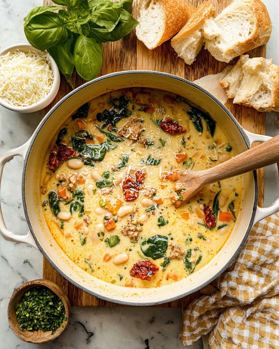A large light gray pot filled with creamy yellow soup sits on a wooden cutting board. The soup has several layers of color and texture: white beans, light green celery pieces, small chunks of orange carrot, dark green spinach leaves, sun-dried red tomatoes, and pale cooked ground meat pieces floating in a thick cream broth speckled with herbs. A wooden spoon rests inside the pot, partly covered in soup. Around the pot, on a white marbled surface, there are torn white baguette pieces, fresh basil leaves, a bowl of grated white cheese, and a bowl of chopped green herbs. A beige and white checked cloth is also visible near the pot. Photo taken with an iphone --ar 4:5 --v 7