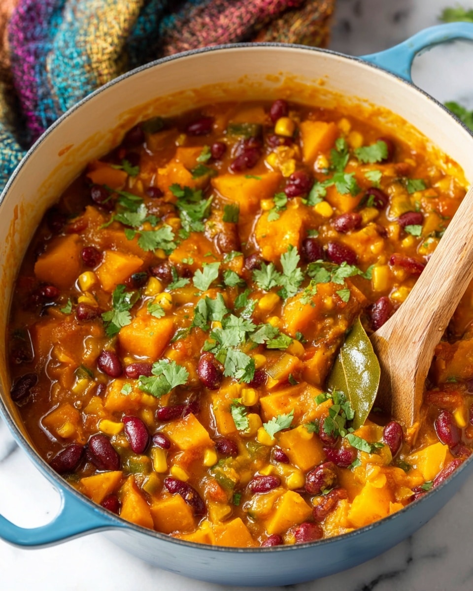 A blue pot filled with a colorful stew showing chunky bright orange cubes of squash mixed with small dark red kidney beans and yellow corn kernels, all in a rich orange sauce with visible bits of diced onions and peppers; the stew is topped with fresh green cilantro leaves and a single bay leaf near the center, with a wooden spoon partially stirring from the right edge, sitting on a white marbled surface with a blurred multicolored cloth in the background photo taken with an iphone --ar 4:5 --v 7