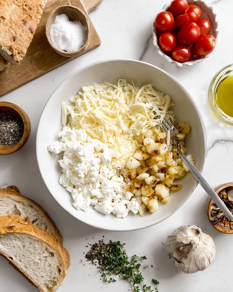 A white bowl on a white marbled surface holds a mix of ingredients arranged in separate sections: a large area of white crumbled cheese, a top right pile of shredded pale yellow cheese, and a lower right portion of roasted garlic cloves with golden brown spots. A silver fork lies partially in the bowl, touching the cheese and garlic. Around the bowl are small wooden bowls with coarse salt and crushed black pepper, a group of cherry tomatoes in a white bowl, a small glass bowl with green olive oil and a spoon inside, a loaf of sliced bread on a wooden board to the left, and half a roasted garlic bulb with a charred brown surface at the bottom right. A small bunch of green herbs is placed near the bottom edge. photo taken with an iphone --ar 4:5 --v 7