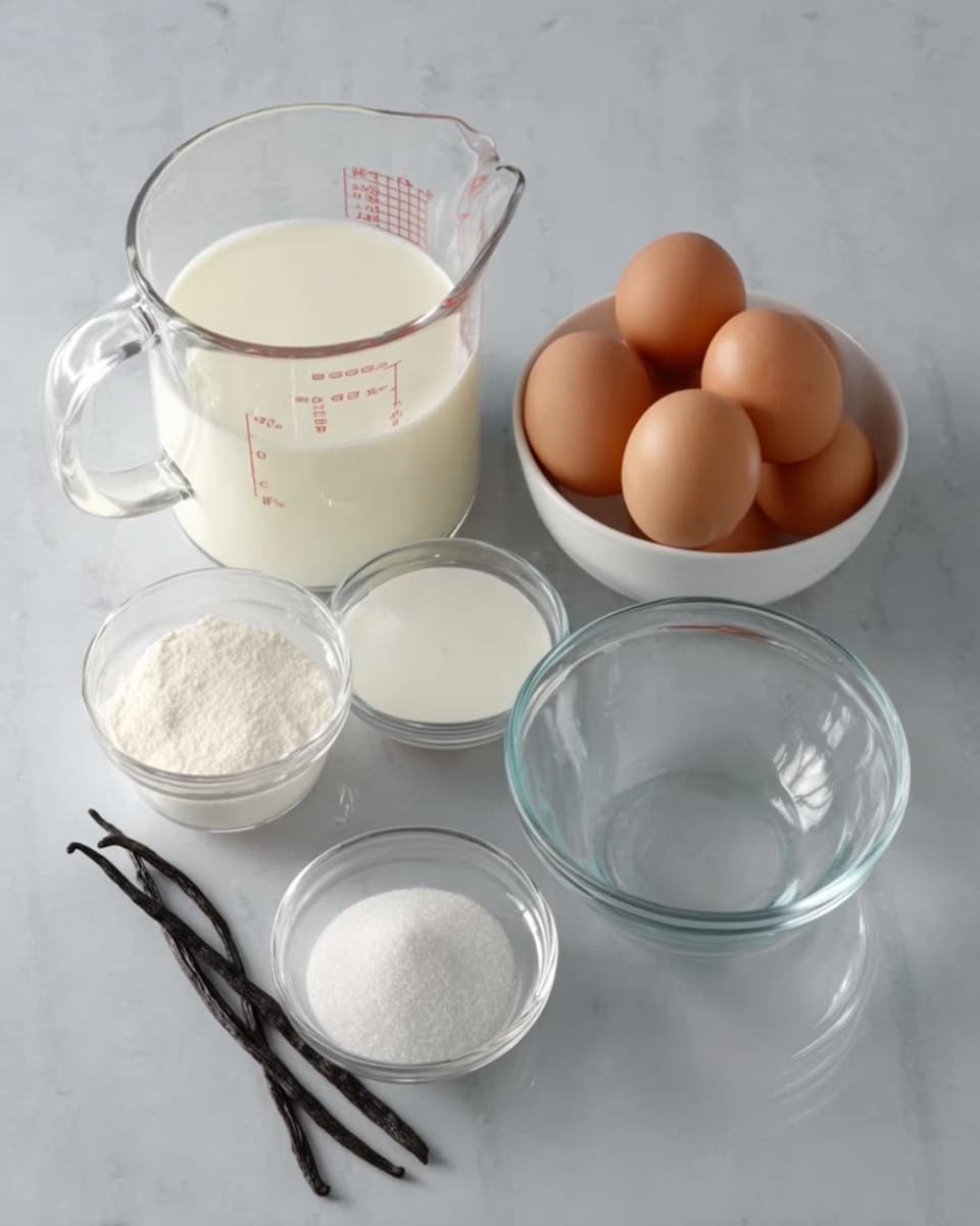 The image shows six clear glass containers arranged on a surface with a white marbled texture. On the top row from left to right, there is a large measuring cup filled with milk, a smaller measuring cup with cream, and a white bowl holding six brown eggs. On the bottom row from left to right, there is a small glass bowl with two dark vanilla pods, another small glass bowl filled with white sugar, and an empty glass bowl. The lighting is soft, highlighting the clear glass and the natural colors of the ingredients. photo taken with an iphone --ar 4:5 --v 7