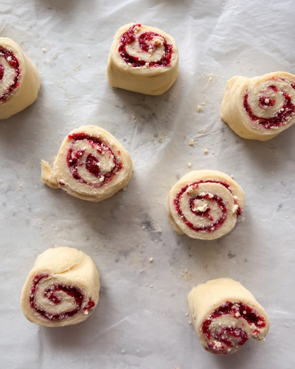 The image shows seven unbaked round rolls, each with two visible layers. The outer layer is light beige dough, soft and smooth, wrapped tightly around an inner layer of bright red filling mixed with white crumbly bits that look like cheese or sugar. These rolls are spaced apart on slightly wrinkled white parchment paper, which rests on a white marbled surface. The rolls have irregular shapes but all maintain the spiral pattern from the layering of dough and filling. There is a small amount of shiny grease or liquid near some rolls, giving a slight shine to the parchment. Photo taken with an iphone --ar 4:5 --v 7