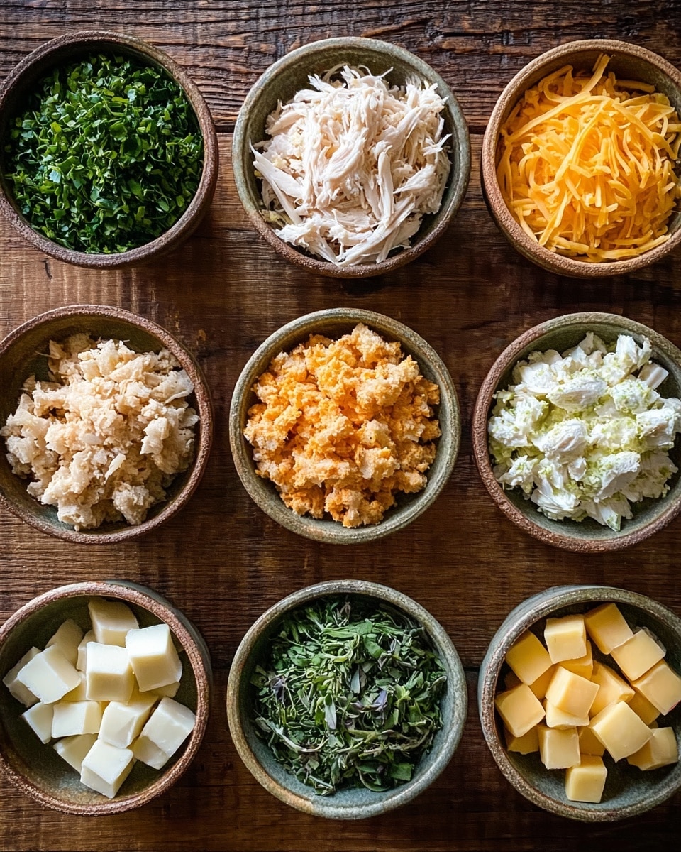Nine small bowls are arranged in a 3x3 grid on a wooden surface. The top row has chopped green herbs on the left, shredded white chicken in the middle, and shredded orange cheese on the right. The middle row has light brown crumb-like pieces on the left, shredded lighter chicken in the middle, and a white crumbly cheese on the right. The bottom row has green leafy herbs on the left, small white cheese cubes in the middle, and small yellow cheese cubes on the right. The texture of the bowls looks rough and ceramic-like. photo taken with an iphone --ar 4:5 --v 7