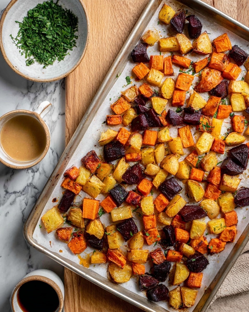 The image shows a metal baking tray lined with white parchment paper, filled with roasted vegetables cut into small chunks. The vegetables include golden-yellow, deep orange, and dark purple pieces, likely different types of root vegetables, all showing a slight caramelized texture. The tray is placed on a wooden surface with a white marbled background visible. In the upper left corner, there is a small white bowl with a green herb garnish, a small cup of light brown sauce toward the bottom left, and a small white dish with dark sauce next to it. photo taken with an iphone --ar 4:5 --v 7