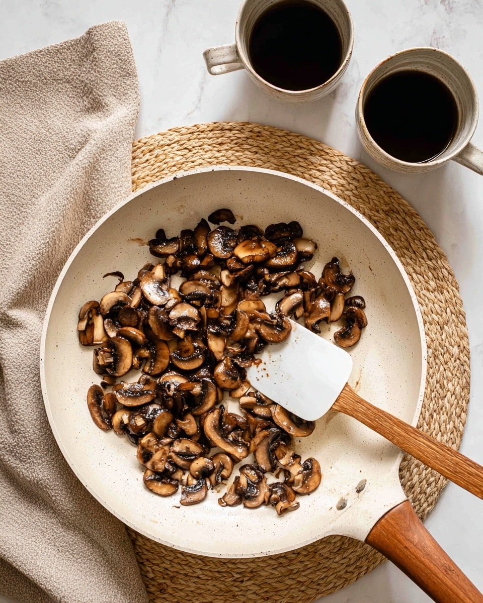 A white pan with a wooden handle holds a single layer of sautéed mushroom slices, which are a mix of golden brown and dark brown with a shiny, cooked texture; a white spatula is resting on the mushrooms towards the right side of the pan. The pan is set on a round woven mat, with a beige cloth napkin on the left and two ceramic cups filled with dark coffee or tea placed nearby on a white marbled surface. Photo taken with an iphone --ar 4:5 --v 7