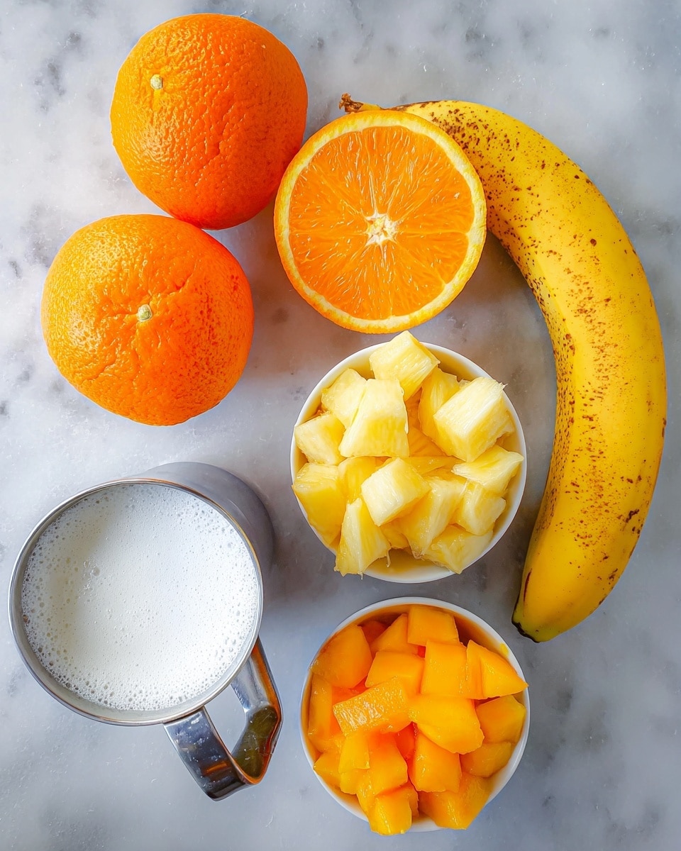 The image shows a top view of various fruits and ingredients placed on a white marbled surface. In the center, there is a white bowl filled with pale yellow frozen pineapple chunks. To the right is a curved ripe banana with some brown spots on its peel. Below the banana is another white bowl holding bright orange frozen mango cubes. Around them are three whole oranges, two whole and one cut in half, showing their vivid orange inside. To the left of the banana and white bowl is a metal measuring cup filled with white liquid, likely milk or cream, with a frothy surface. The overall setting is colorful with yellow, orange, and white tones. photo taken with an iphone --ar 4:5 --v 7