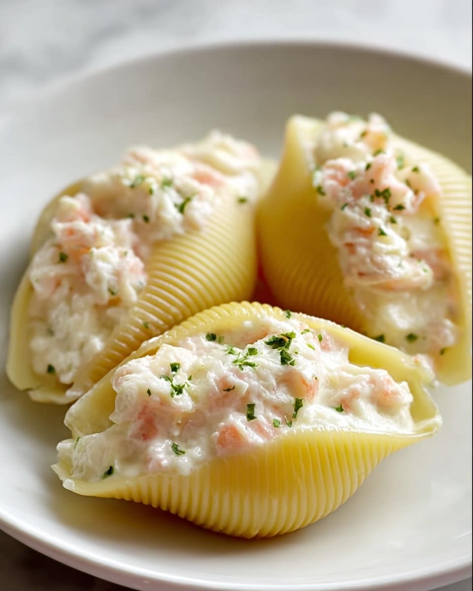 Three large pasta shells are arranged closely on a white plate, each shell filled with a creamy white mixture that has small pink pieces inside, likely shrimp or similar seafood. The shells are yellow with distinct ridges, and the filling looks soft and lightly textured. Small green herb flakes are sprinkled over the filling, adding a touch of color. The plate sits on a white marbled surface, with soft light highlighting the shiny and smooth textures of the sauce and shells. photo taken with an iphone --ar 4:5 --v 7
