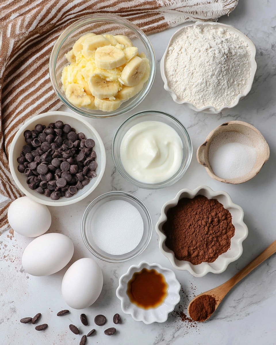 The image shows baking ingredients arranged on a white marbled surface with a brown striped towel on the left side. There is a white bowl filled with dark chocolate chips in the lower left, next to two whole white eggs. Above that, a clear glass bowl contains mashed bananas. To the right, there is a small clear glass bowl with white yogurt, and next to it, another clear glass bowl with cocoa powder. A white bowl with white flour sits to the upper right, near a white bowl with white sugar at the top center. In the lower right corner, there are two small white scalloped dishes, one holding vanilla extract and the other holding a wooden spoon with baking powder. There are also some scattered chocolate chips and cocoa powder on the surface. Photo taken with an iphone --ar 4:5 --v 7