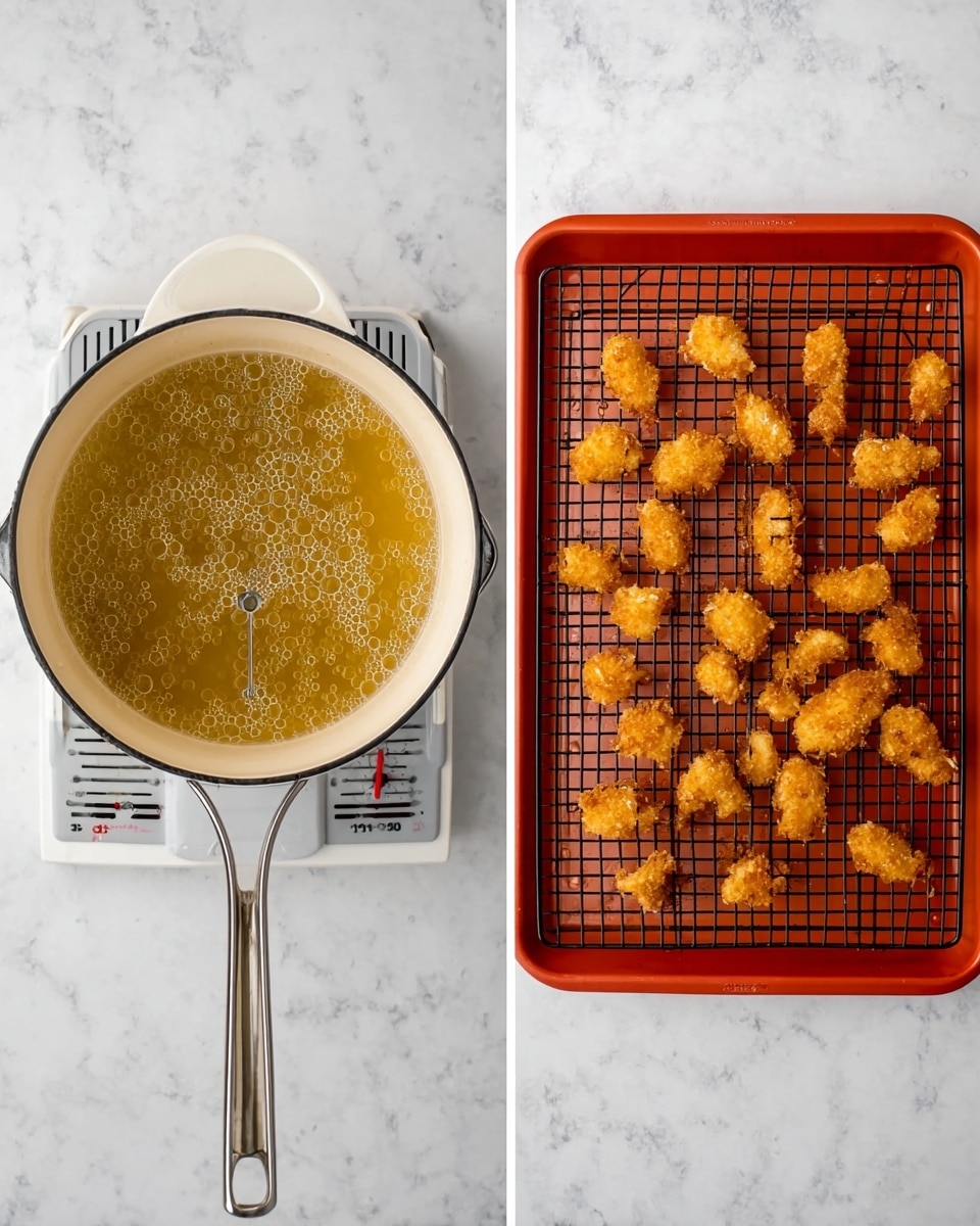 The image shows two side-by-side views: on the left, a white pot filled with golden bubbling oil with a thermometer clipped inside the pot, all set on a white marbled surface; on the right, a baking tray lined with a red rack holding multiple small pieces of crispy, golden brown fried food arranged loosely in rows, also placed on the same white marbled surface photo taken with an iphone --ar 4:5 --v 7