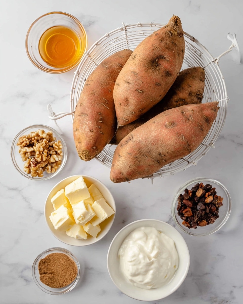 The image shows four large, rough-textured sweet potatoes with a light brown skin resting inside a white wire basket in the center. Around the basket on a white marbled surface are six small white bowls containing various ingredients: one bowl with a golden amber liquid, another with yellow butter cubes, one filled with walnuts, another with brown sugar, a bowl containing a fine orange-brown powder, and one with thick white yogurt. The arrangement is neat and each ingredient contrasts with the white bowls and background. photo taken with an iphone --ar 4:5 --v 7