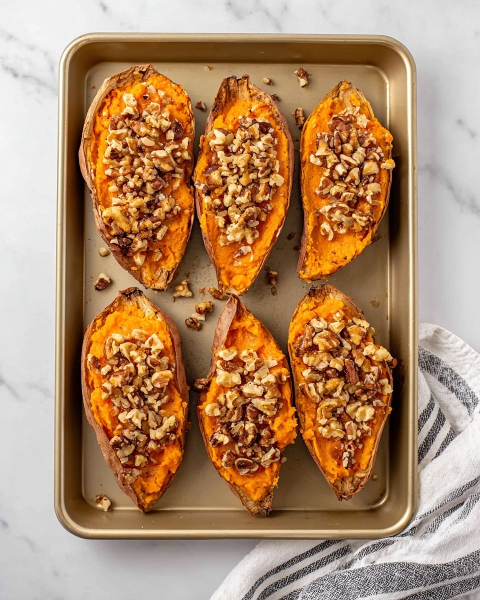 The image shows six baked sweet potato halves placed evenly on a light brown baking sheet. Each sweet potato half has three visible layers: first, the dark orange, soft, mashed sweet potato filling that nearly fills the skins; second, a rough layer of whole and broken walnuts scattered on top, adding texture and a light to medium brown color; third, the darkened, slightly crisp edges of the sweet potato skin holding the filling. The baking sheet is placed on a white marbled surface, and there is a white cloth with black stripes partially visible at the bottom right corner. Photo taken with an iphone --ar 4:5 --v 7