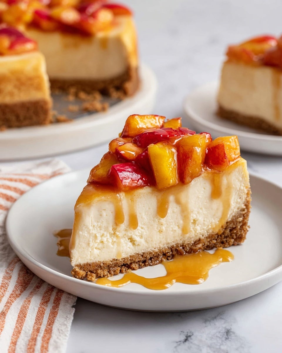 A slice of cheesecake is shown on a white plate, sitting on a white marbled surface. The cheesecake has three visible layers: a thick, golden-brown crumbly crust at the bottom, a smooth, creamy off-white cheesecake layer in the middle, and a topping of small, shiny diced peaches with red skin pieces. A glossy light brown sauce is drizzled over the peaches and cheesecake, spilling onto the plate. In the background, there is another white plate holding the rest of the cheesecake with a piece missing, and part of another slice on a separate white plate is slightly visible. A striped cloth with soft orange and white colors rests nearby. Photo taken with an iphone --ar 4:5 --v 7
