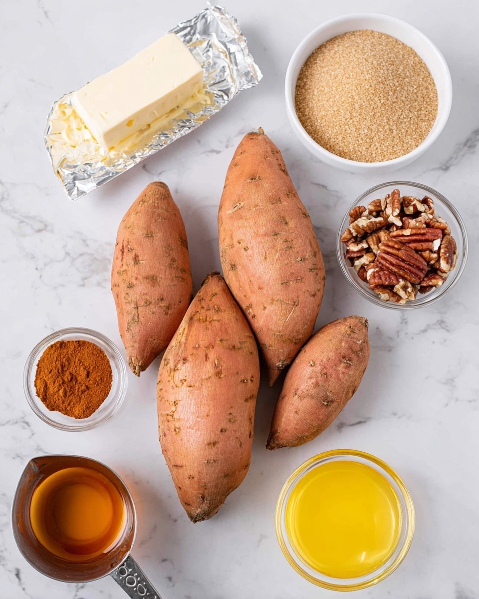 The image shows three raw sweet potatoes with brownish-orange skin placed on a white marbled surface, surrounded by small white bowls and a metal measuring cup. One white bowl holds light brown sugar, another has chopped pecans, and a third contains a small amount of cinnamon powder. The metal measuring cup is filled with amber-colored maple syrup, and next to it is a small glass bowl filled with a yellow-orange liquid, likely melted butter or orange juice. A stick of butter with a wrapper is also visible, placed near the top left corner. Photo taken with an iphone --ar 4:5 --v 7