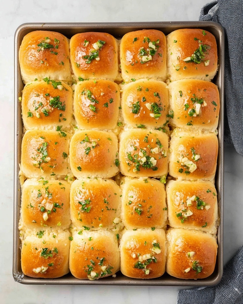A metal baking tray holds 20 golden brown slider buns arranged in a 4 by 5 grid, each bun topped with small pieces of chopped garlic and green herbs, likely parsley, giving a fresh and textured look. The buns appear soft and glossy, showing a slightly shiny surface from melted butter or oil, with hints of seasoning scattered on top. Some melted cheese or sauce is slightly visible between the buns, adding a creamy layer underneath. The tray is set on a white marbled surface with a gray cloth partially visible on the right side of the image. photo taken with an iphone --ar 4:5 --v 7