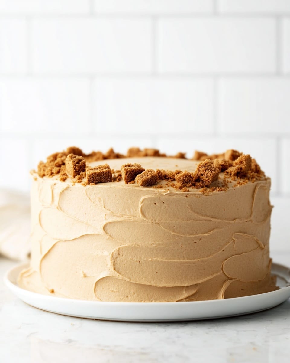 A tall round cake with two or three layers is covered in light brown, thick, smooth frosting that has soft swirled ridges all around the sides. The cake sits on a white plate which is set on a white marbled surface. On top of the cake, there are small chunks of crumbly, darker brown pieces scattered evenly near the edges. The background is a white tiled wall. Photo taken with an iphone --ar 4:5 --v 7