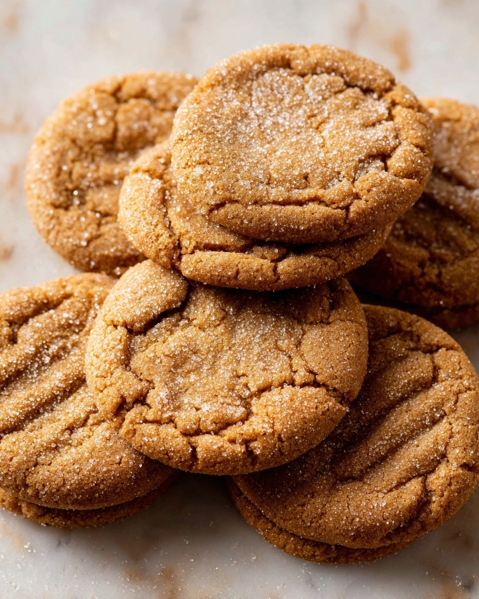 The image shows a stack of four thick, round cookies with a cracked surface, each covered lightly with granulated sugar. The cookies are a warm golden-brown color with a slightly chewy and soft texture visible inside the stack. The stack is held by a woman's hand above several more cookies of the same kind, all resting on a white marbled surface. The edges of the cookies are slightly crisp and the tops have a rough texture with sugar crystals sparkling in light. Photo taken with an iphone --ar 4:5 --v 7