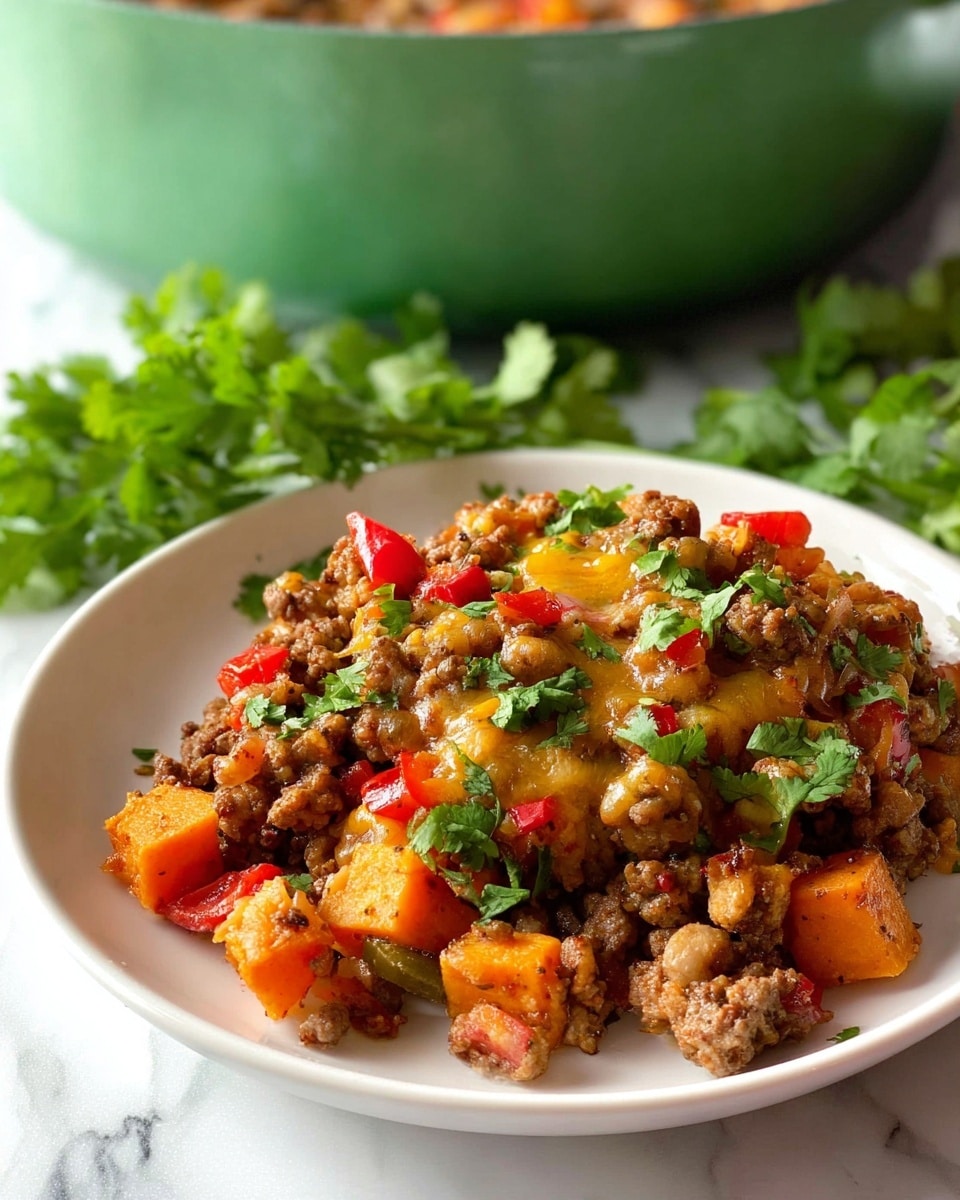 A large white skillet filled with three main layers: the bottom layer is a mix of browned ground meat and small orange vegetable cubes, the middle layer is melted yellow cheese spread unevenly, and the top layer is fresh green cilantro leaves scattered all over. The skillet sits on a white marbled surface with bunches of cilantro on the sides and a pink and white striped cloth partially visible on the left side. Photo taken with an iphone --ar 4:5 --v 7