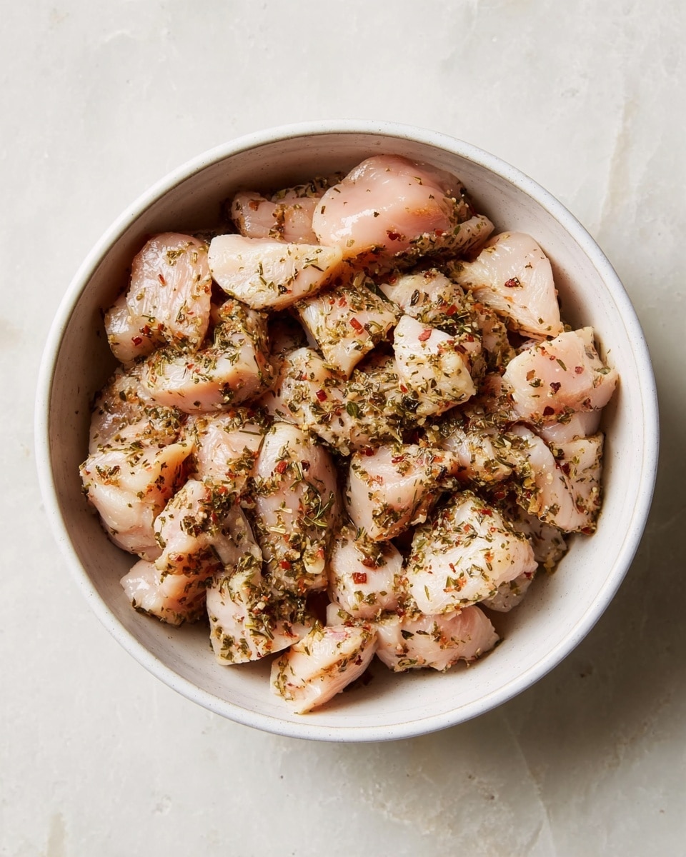 A white bowl filled with raw chicken pieces that are cut into small chunks, covered with a mix of dried herbs and spices giving the chicken a speckled look of green, brown, and red bits. The chicken pieces have a shiny, slightly wet texture and are piled evenly inside the bowl. The surface below is white with a light marbled pattern. Photo taken with an iphone --ar 4:5 --v 7