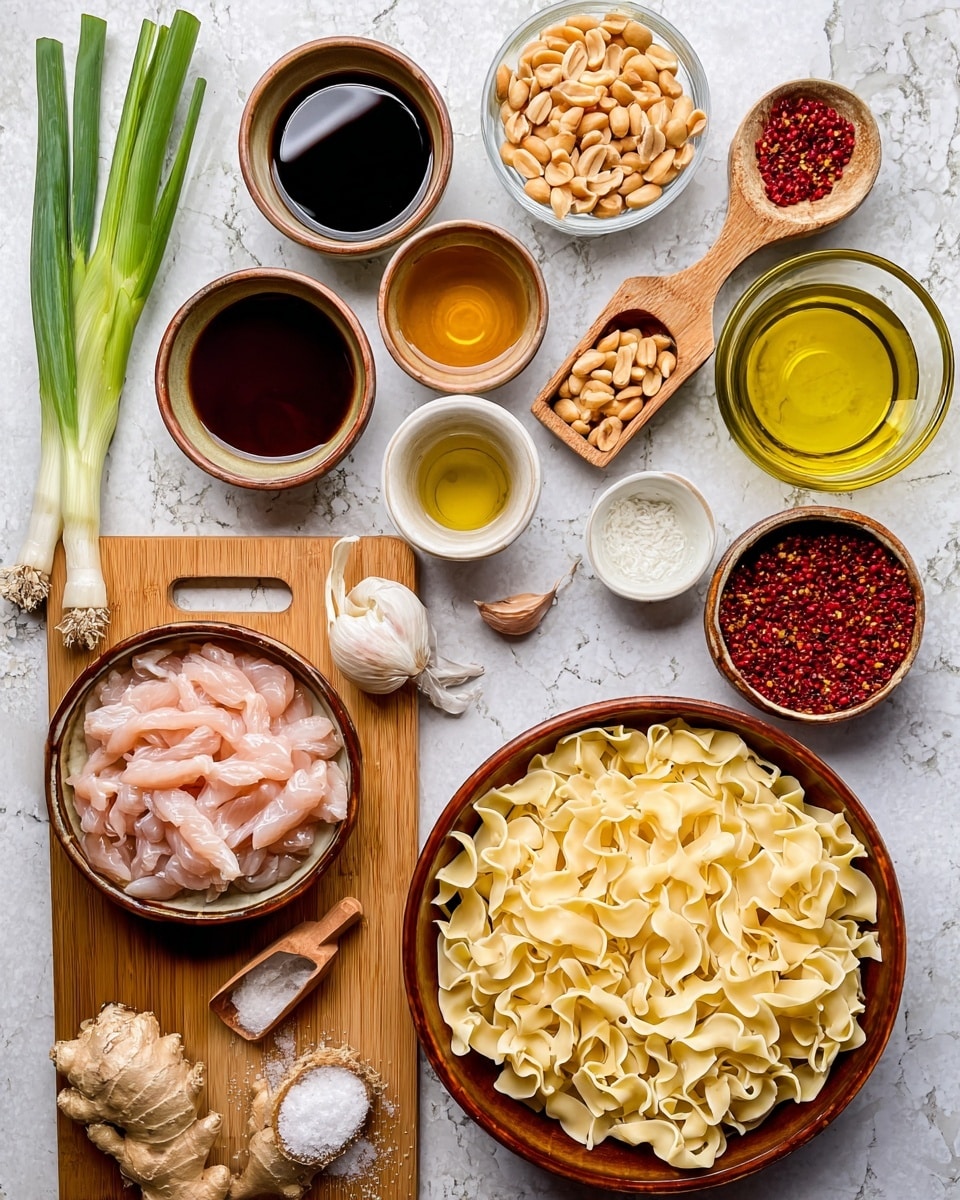 The image shows various ingredients arranged on a white marbled surface. At the bottom right, there is a large brown bowl filled with pale yellow wide, wavy noodles with a slightly ruffled texture. To its left, a medium brown bowl contains raw pale pink chicken strips. Above the noodles and chicken are several small bowls and containers on a wooden board, holding liquids in different shades: dark brown soy sauce, a light amber oil, a clear liquid, and a medium dark brown sauce. To the top right, a white bowl is filled with light brown peanuts, while a small wooden scoop next to it holds red peppercorns. Nearby are a small glass jar with yellow oil, a white cup with yellow oil, and a small white bowl filled with red chili paste. On the left side are three green onions, a piece of ginger root, and a garlic bulb. A small wooden spoon with white powder rests at the bottom. The overall arrangement is neat, with a mix of earthy and fresh colors. Photo taken with an iphone --ar 4:5 --v 7