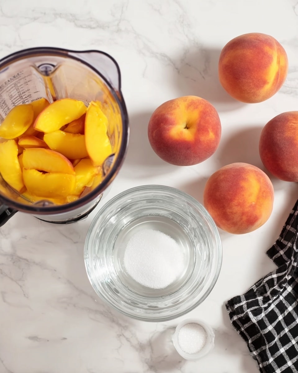 The image shows a white marbled surface with a blender jar on the left filled with sliced yellow peaches. To the right of the blender is a clear measuring cup filled with water placed next to a small glass bowl filled with white sugar. Around these containers are four whole peaches with smooth reddish-orange skin. A black and white checkered cloth is near the top right corner. The scene is well lit with soft natural light. photo taken with an iphone --ar 4:5 --v 7