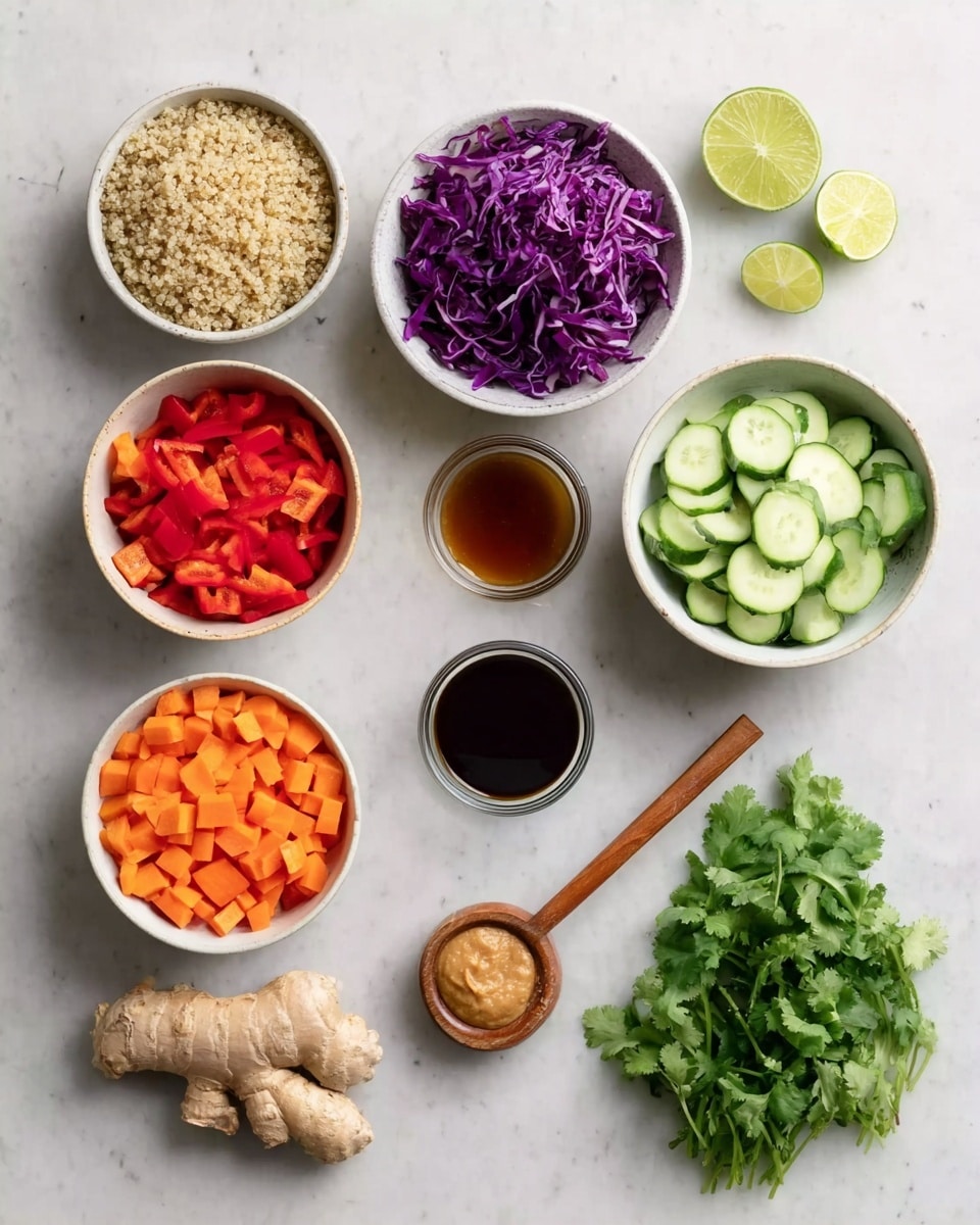 The image shows an overhead view of various fresh ingredients placed on a white marbled surface. At the top, there are three white bowls with quinoa, purple shredded cabbage, and chopped carrots from left to right. Below them are three more white bowls containing diced red bell peppers, sliced cucumbers, and orange carrot slices. In the center are three small glass bowls with dark brown liquid, light brown liquid, and a wooden spoon holding a light brown paste. At the bottom left is a fresh piece of ginger root, and on the right is a bunch of green cilantro next to two halves of a lime. The layout is neat and colorful, showing a variety of textures and colors from white, purple, green, orange, and brown. photo taken with an iphone --ar 4:5 --v 7