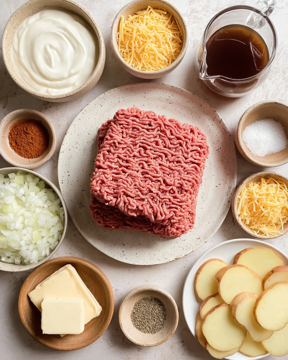 Easy Cheesy Hamburger Potato Casserole Recipe 4 The image shows two layers of raw ground meat, pink with a stringy texture, stacked neatly on a white speckled plate in the center. Surrounding the plate are various small bowls and dishes: to the top left is a bowl of thick white sour cream, two small beige bowls with paprika and garlic, and another bowl of shredded yellow cheese. To the right, there's a clear measuring cup filled with dark brown broth, and a small bowl with salt and pepper. At the bottom left, there is a bowl of chopped white onions, slices of butter on a speckled dish, and shredded pale cheese in a wooden bowl. To the bottom right, a white plate holds thin circular slices of peeled potatoes with a light brown edge. The items are set on a white marbled textured surface. Photo taken with an iphone --ar 4:5 --v 7
