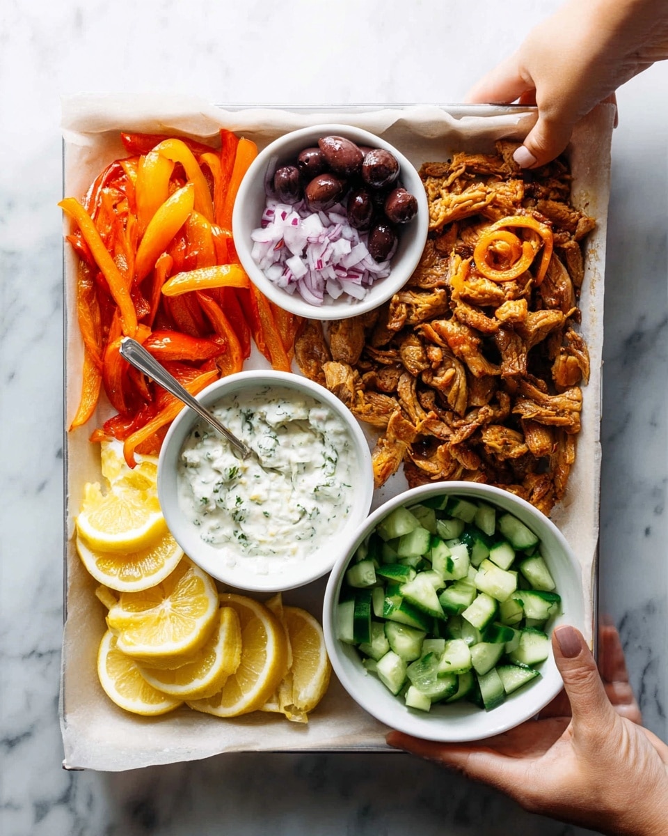 A white tray lined with white paper holds four main sections. On the left side, there are cooked sliced red and orange peppers with a soft shiny texture beside three lemon slices. Below the peppers, a white bowl filled with a creamy white sauce with small green herbs sits with a silver spoon inside. To the right of the sauce, a small white bowl contains small pieces of chopped red onion. At the top center, a small white bowl is filled with dark purple olives. To the right side, a larger white bowl contains small green cucumber cubes. On the bottom right, a thick layer of golden brown cooked meat strips covers the tray. Two woman's hands hold the tray from the sides, and the tray rests on a white marbled surface. Photo taken with an iphone --ar 4:5 --v 7