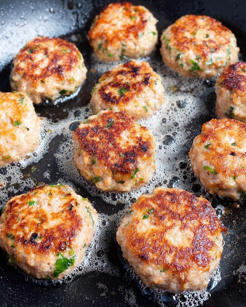 Several small, round meat patties with a golden brown crust are cooking in a black pan. The patties have a light beige color with green herb pieces mixed in, giving them a fresh look. The pan surface shows little bubbles of oil around the patties, enhancing the crispy texture on top. The patties are scattered evenly across the pan, with some browned more than others, showing a nice variation in color from light tan to deep golden. The background is a white marbled texture. photo taken with an iphone --ar 4:5 --v 7