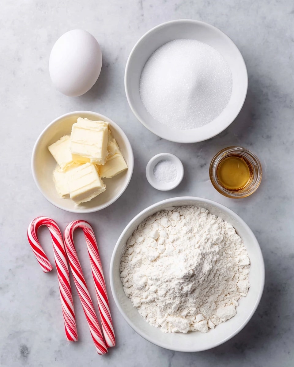 The image shows six ingredients arranged on a white marbled surface: a whole white egg on the left, a small jar of golden vanilla extract near the center, two red and white striped candy canes on the right, and four white bowls. The largest bowl in the bottom right is filled with white flour with some texture and a small indentation in the middle. Above it, a medium-sized bowl holds white granulated sugar, while another medium-sized bowl to the left contains pale yellow soft butter. A small bowl near the center holds white salt. The items are neatly spaced, creating a clean and organized look. Photo taken with an iphone --ar 4:5 --v 7