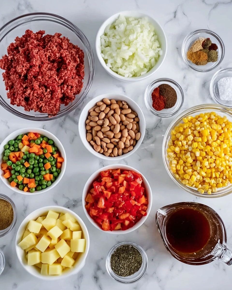 The image shows many small white bowls and glass bowls on a white marbled surface. The largest glass bowl at the top left holds raw ground beef, which is red with a rough texture. To the right, a white bowl with finely chopped white onions sits next to another white bowl filled with bright yellow corn kernels. Below the onions, there is a white bowl with light yellow cubed potatoes and next to it a white bowl filled with brown pinto beans. Two white bowls near the bottom middle have bright red diced tomatoes, one with a smooth texture and the other with visible green chili pieces. On the bottom left, a white bowl contains a mix of chopped green beans, carrots, and corn. On the right side, small glass bowls contain dark red chili powder, white salt and black pepper mix, brown ground cumin, light minced garlic, and clear oil. A glass measuring cup filled with dark brown broth is at the bottom right. photo taken with an iphone --ar 4:5 --v 7
