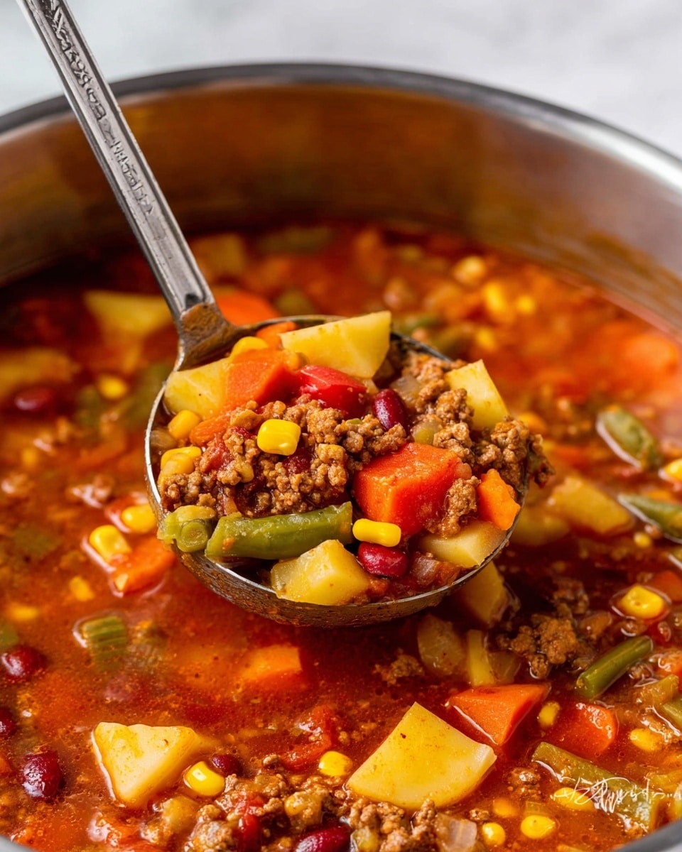 The image shows a metal pot filled with a colorful stew, featuring layers of different ingredients. The base layer is a rich, reddish broth with a smooth texture. Floating in the broth are chunks of yellow potatoes and small orange carrot pieces, adding solid texture and color. There are bright yellow corn kernels and green beans spread evenly throughout, giving a fresh look. Small red beans and diced tomatoes, some slightly charred, are mixed with crumbled brown ground meat, all blending together. The stew looks thick and hearty, with a metal ladle scooping up a portion that clearly shows the layers and textures against the white marbled texture surface beneath. Photo taken with an iphone --ar 4:5 --v 7