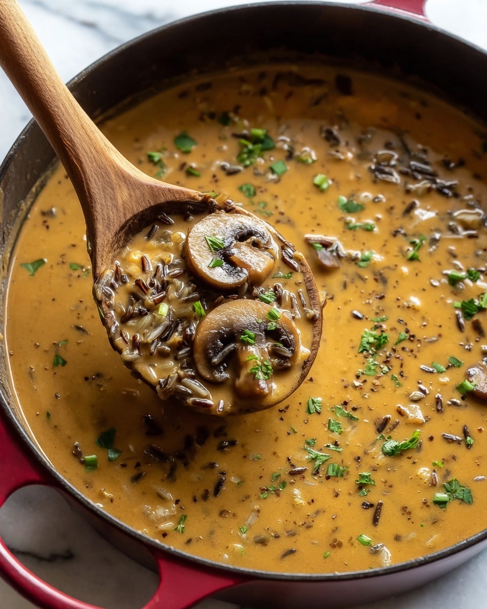 A close-up view of a pot filled with thick, creamy orange-brown mushroom soup with visible slices of cooked brown mushrooms and small bits of onion and herbs floating on top. A wooden spoon lifting a portion of the soup shows layers of wild rice, sautéed mushrooms, onions, and green herb bits, giving the spoonful a textured look. The pot is dark with a red handle, sitting on a white marbled surface, and the soup is sprinkled with finely chopped green herbs and ground black pepper. Photo taken with an iphone --ar 4:5 --v 7