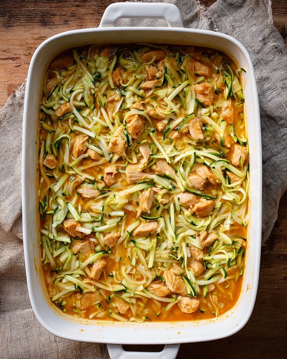 A white rectangular baking dish filled with a mixture showing two main layers: the bottom layer has orange-colored sauce with small pieces of cooked chicken scattered throughout, and the top layer is a generous amount of shredded zucchini spread evenly, light green and white in color, partially submerged in the sauce, all sitting on a wooden surface with a textured cloth nearby photo taken with an iphone --ar 4:5 --v 7