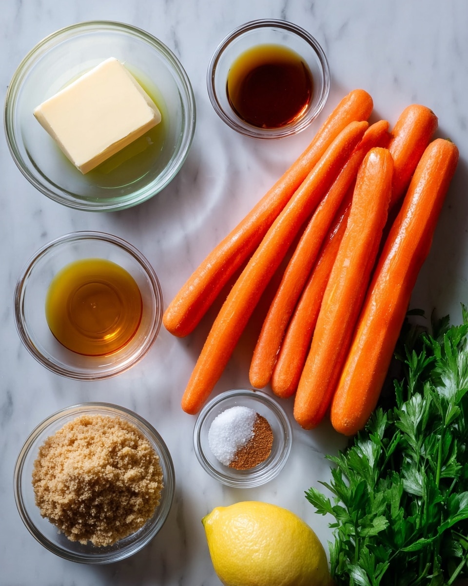 The image shows seven bright orange carrots placed side by side on a white marbled surface, positioned in the lower left and center of the frame. Near the top left, there is a clear glass bowl with a square piece of pale yellow butter sitting in a small pool of oil. To the right of the butter, a small clear glass bowl holds a dark amber liquid. Below it, another clear glass bowl contains light brown sugar with a crumbly texture. Below the sugar, there is a smaller clear bowl filled with white salt and a small amount of brown spice on top, placed near the center right. To the far right, a bunch of fresh green parsley leaves sits partially out of frame. At the bottom right corner, a white plate with half a bright yellow lemon rests on the white marbled surface. Photo taken with an iphone --ar 4:5 --v 7