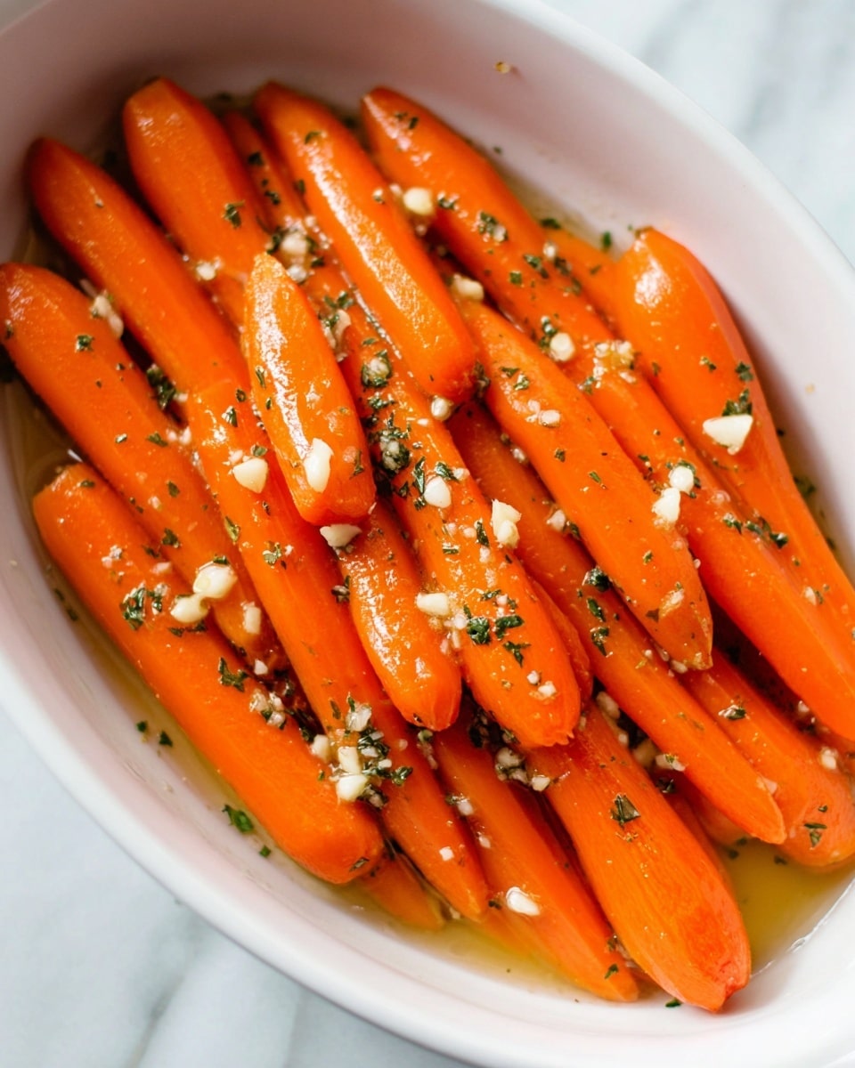 The image shows a white oval dish filled with bright orange cooked carrots, arranged in two layers that are stacked close together. The carrots look shiny and moist, covered in small pieces of white minced garlic and tiny green herb specks, all resting in a light, clear sauce pooling at the bottom of the dish on a white marbled surface. Photo taken with an iphone --ar 4:5 --v 7