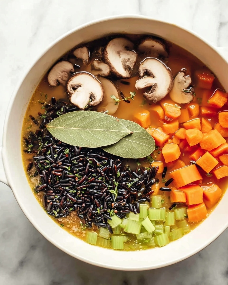 A white bowl sits on a white marbled surface, filled with a colorful mix of ingredients. The bowl shows layers of light brown mushroom slices on the left, orange carrot cubes on the top right, small green celery pieces at the bottom right, and a heap of black wild rice in the center. Floating in a clear brown broth, there is also a single green bay leaf resting on the rice. The colors contrast well, making each ingredient stand out separately within the bowl, creating a fresh and healthy look. Photo taken with an iphone --ar 4:5 --v 7