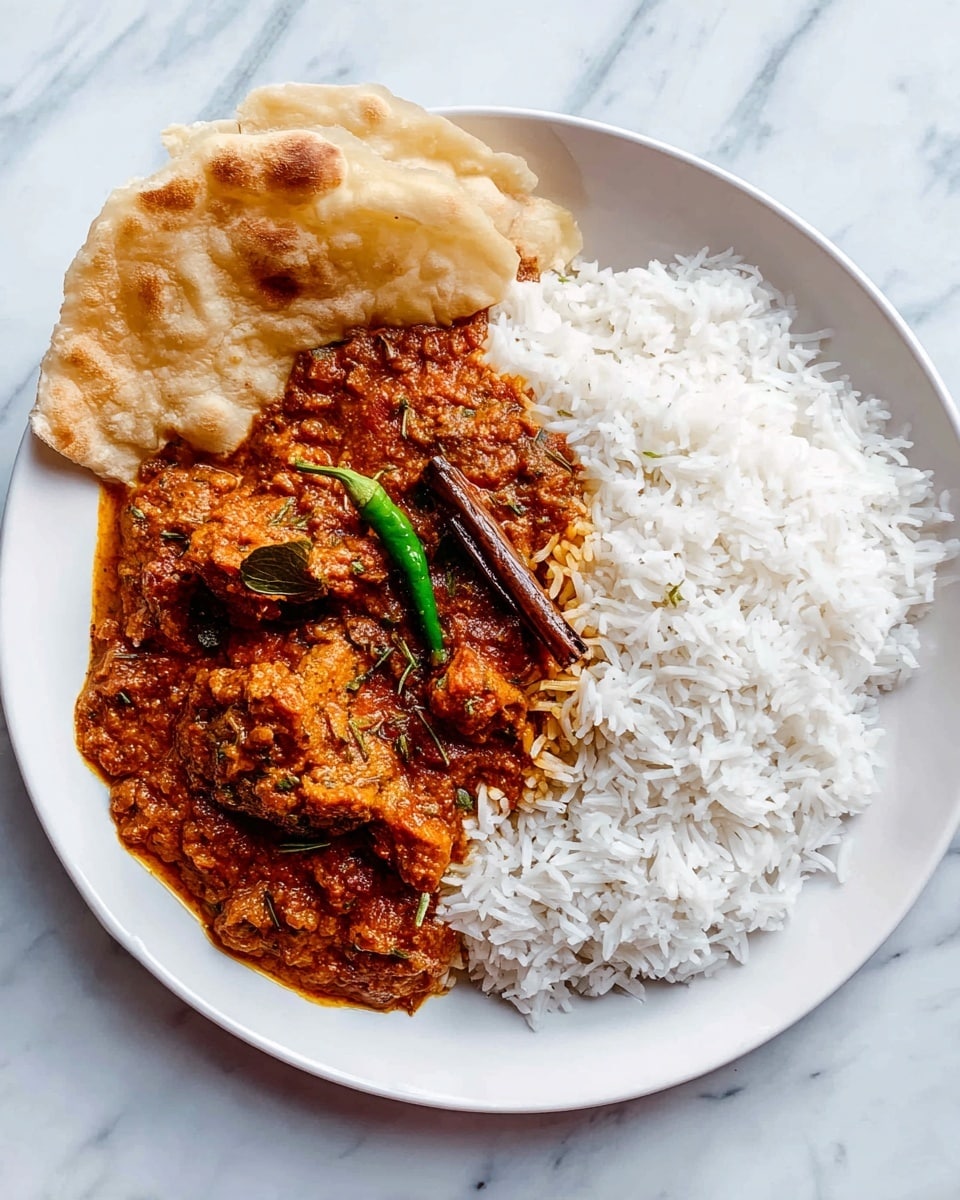 A white plate sits on a white marbled surface, holding three main visual layers: on the right side, a mound of fluffy white rice with individual grains visible; on the left, a thick layer of reddish-brown curry with chunky textures and visible herbs scattered on top, including a split green chili pepper and a cinnamon stick partly submerged in the sauce; resting at the top left edge, a folded piece of light brown flatbread with a soft, slightly puffy texture. The colors contrast between the white rice, vibrant curry, and the bread, creating a warm, inviting dish photo taken with an iphone --ar 4:5 --v 7