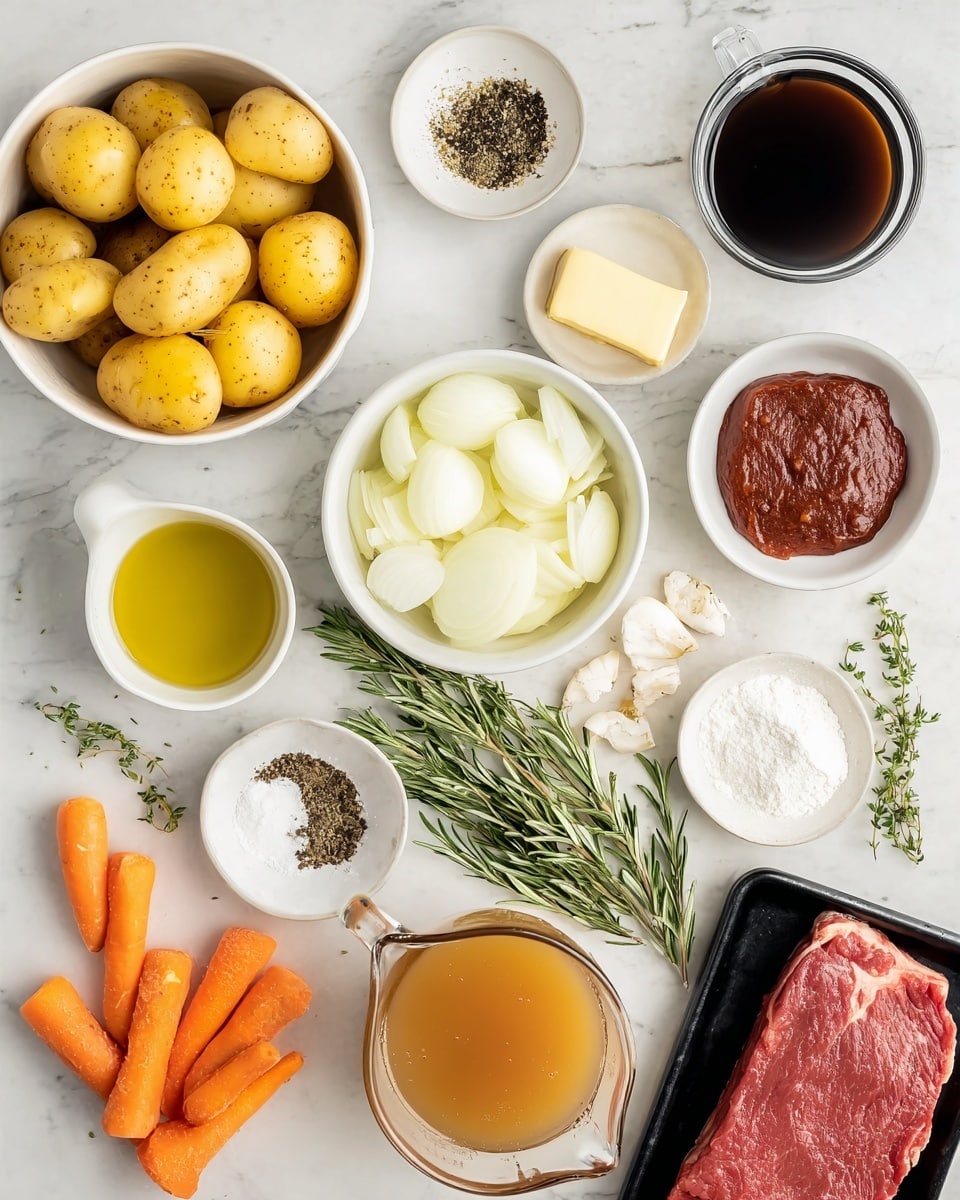 The image shows an overhead view of raw ingredients on a white marbled surface. A white bowl filled with small whole yellow potatoes sits at the top left, next to a glass container of dark brown liquid and a small white cup of black vinegar. A small white bowl contains ground black pepper, beside a similar bowl with white salt. Below these is a small white cup holding green olive oil, and a glass measuring cup filled with light brown broth. A white bowl of sliced white onions is in the center, next to fresh sprigs of green rosemary and thyme and several peeled garlic cloves scattered around. A bowl of bright orange baby carrots is near the bottom left corner. A small white bowl contains a square of butter and another holds a thick dark red paste, while a small white bowl of white flour is nearby. Part of a raw red beef steak in a black tray is visible at the bottom right. Photo taken with an iphone --ar 4:5 --v 7