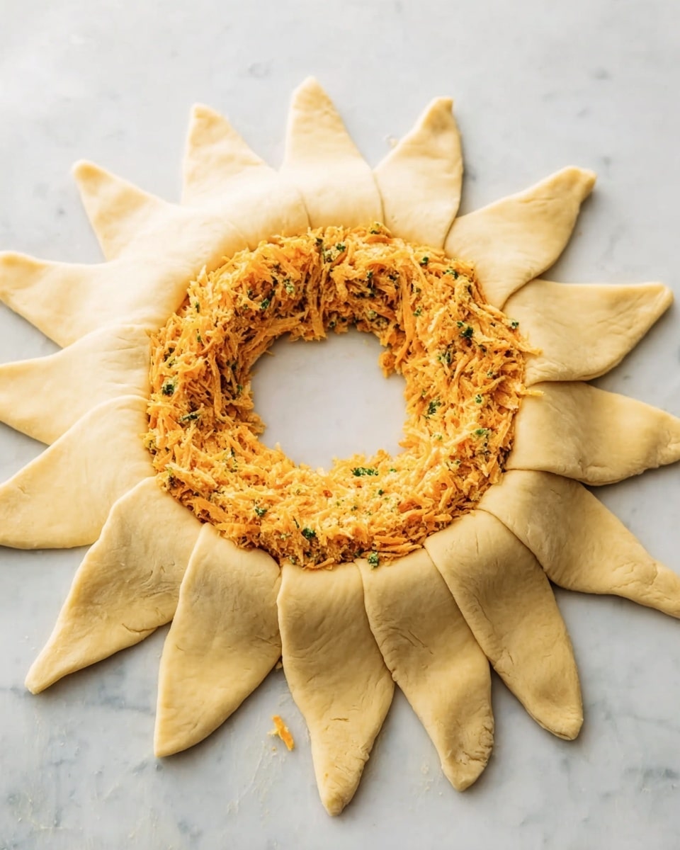 A circular wreath shape of tan dough is laid flat on a white marbled surface, with 16 long triangular dough pieces radiating outwards like sun rays from the outer edge. Inside the ring formed by the dough, there is a thick, rough-textured layer of shredded orange filling mixed with bits of green herbs spread evenly, creating a thick, uneven ring. The filling contrasts with the smooth dough, and the central circle is left empty, creating a hollow in the middle of the wreath. Photo taken with an iphone --ar 4:5 --v 7