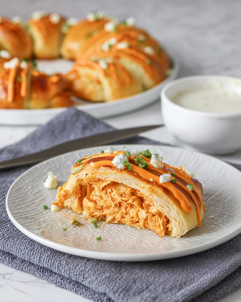 The image shows a crescent-shaped pastry with three main visible layers: the outer layer is golden-brown and flaky, wrapped around a thick inner layer of orange shredded chicken filling, topped with thin orange drizzle and small white crumbles of cheese with bits of green herbs scattered on top. The pastry sits on a textured white plate, placed on a gray cloth over a white marbled surface. In the background, a matching larger white plate is arranged with several of these pastries forming a circle around a white bowl filled with creamy white sauce, with a dark knife resting beside it. Photo taken with an iphone --ar 4:5 --v 7