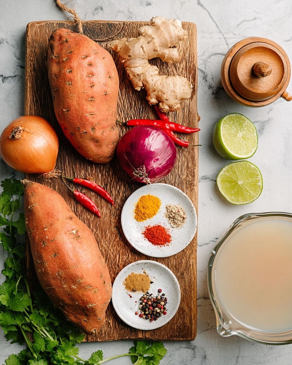 The image shows a rustic wooden board placed on a white marbled surface. On the board, there are two large sweet potatoes with textured orange skins, a whole light brown onion, two red chili peppers, two cloves of garlic with purple skins, and a piece of knobby ginger root. To the right of the board, there is a wooden citrus reamer, a halved lime with bright green and yellow tones, a small white plate holding four spice piles in different colors including black pepper, red pepper flakes, yellow turmeric, and white salt, as well as a glass jar filled with a milky white liquid. At the bottom right corner, a glass measuring cup holds a light brown broth or stock. Fresh green cilantro leaves are visible in the lower left corner. photo taken with an iphone --ar 4:5 --v 7