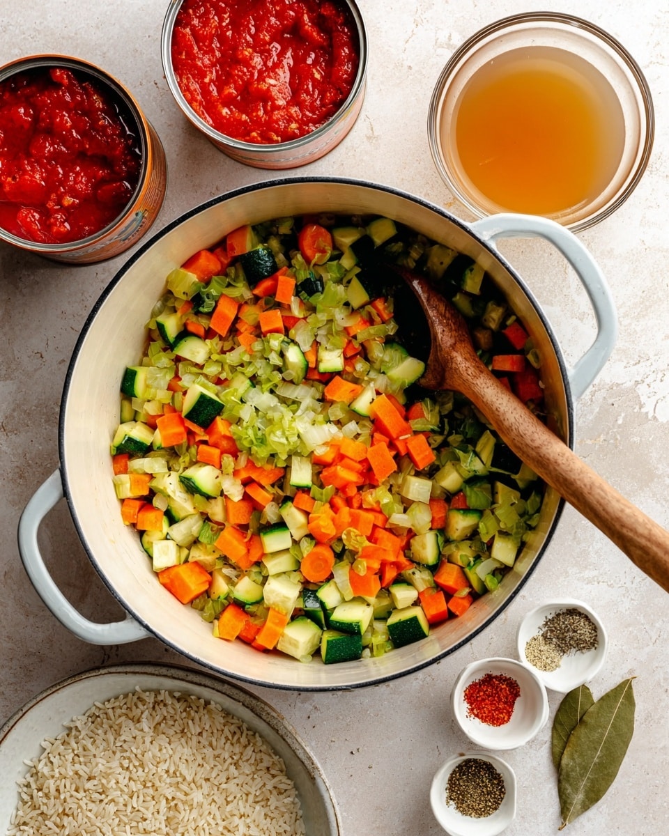 A large white pot sits on a white marbled surface filled with three layers of chopped vegetables: bright orange carrots, light green celery, and dark green zucchini pieces mixed with onion chunks, all stirred with a wooden spoon resting inside the pot. Around the pot, there are two open cans filled with red diced tomatoes at the top left, a clear glass bowl of light brown broth at the top right, a small white bowl with coarse minced garlic at the bottom left, another white bowl with long-grain white rice next to it, and a small white dish holding six different spices including dried herbs, salt, pepper, red chili flakes, and a bay leaf on the bottom right. photo taken with an iphone --ar 4:5 --v 7